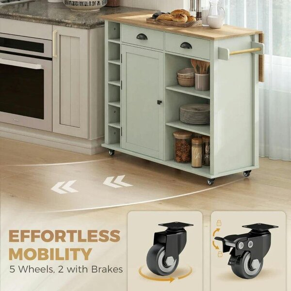 Bobobiy Kitchen Island with Drop Leaf Tabletop Kitchen Island on Wheels Storage Cabinet Shelf Trolley Light Green