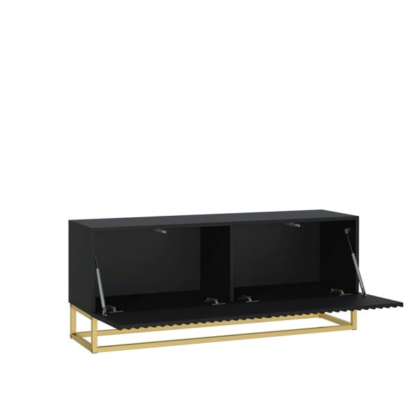 Mex Furniture Modern Black TV Unit with Gold Base 100cm – Fluted Fronts & Push-Down Doors