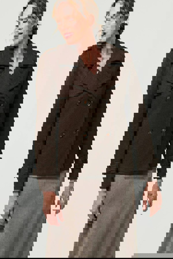 Brown | Textured Button Front Short Trench Coat
