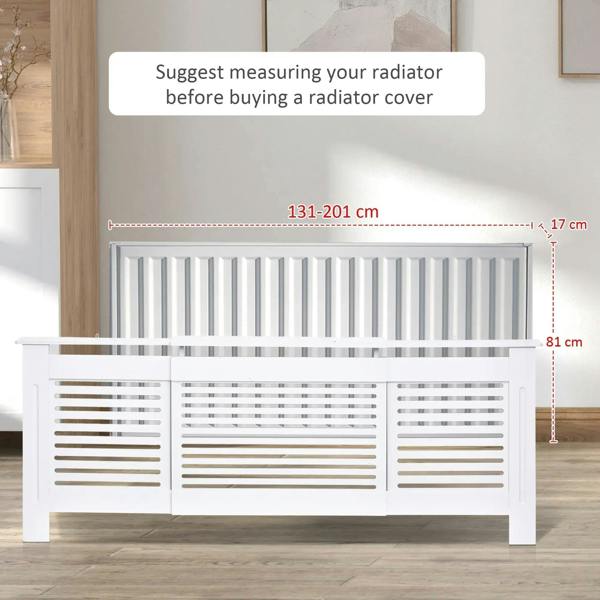 White radiator cover cabinet with horizontal vents and adjustable size span, side profile view