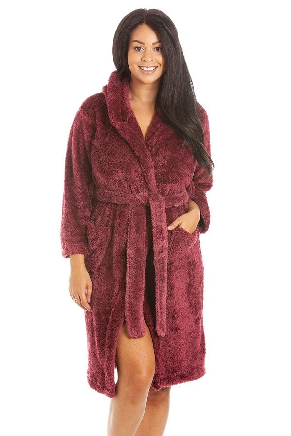 Camille Womens Burgundy Supersoft Fluffy Fleece Hooded Robes