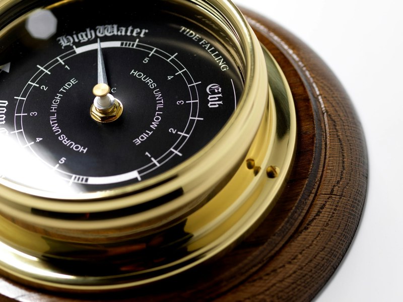 Tabic Handmade Prestige Tide Clock in Solid Brass Mounted on solid English Dark Oak