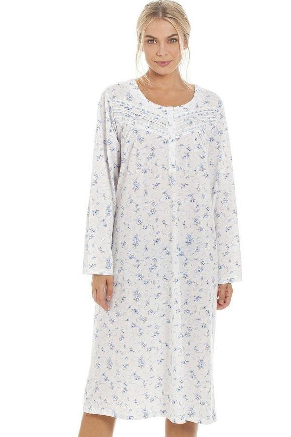 Womens Blue Rose Print Long Sleeve Nightdress