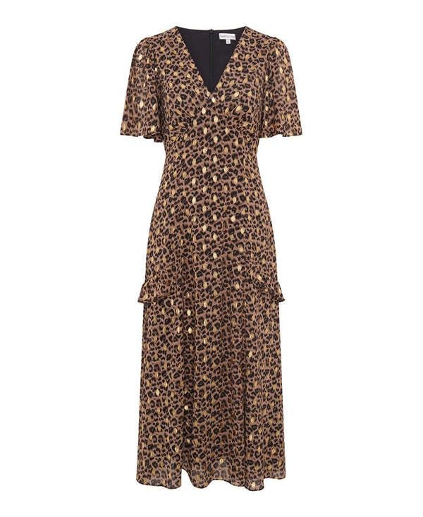 Needs No Label Ruffle Animal Foil Plunge Midi Dress