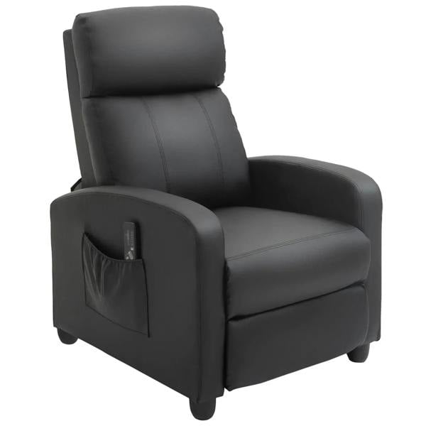 Black faux leather massage recliner armchair with padded backrest and side pocket