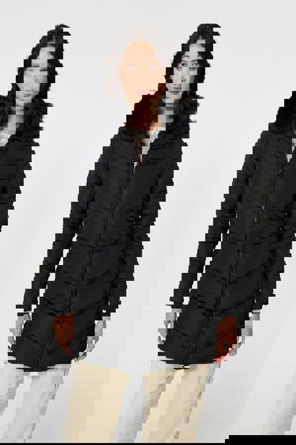 Black | Faux Fur Hooded Longline Puffer Jacket
