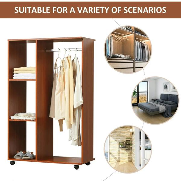Walnut open wardrobe on wheels with hanging rail and three side storage shelves