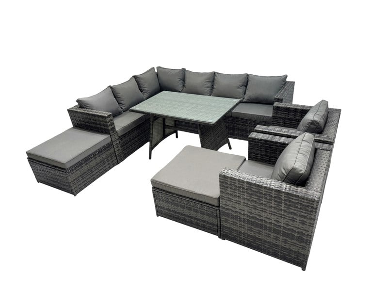 Fimous 10 seater Outdoor PE Rattan Sofa Set with Dining Table Patio Garden Furniture Sets with 2 Chair 2 Big Stools Dark Grey Mixed