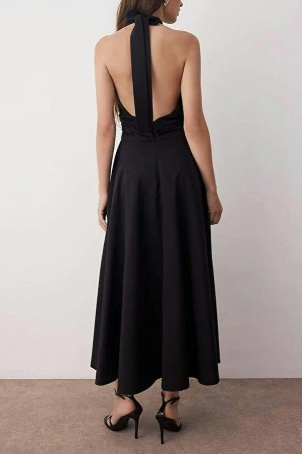 WOVCOR Low-Cut Halter Neck Poplin Lined Woven Dress