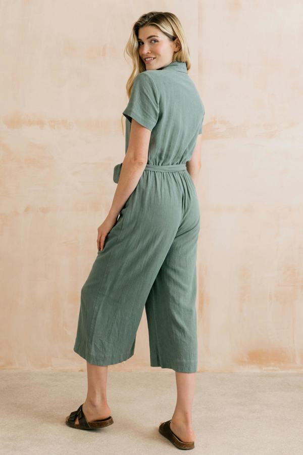 Lily & Me Josie Linen Blend Cropped Jumpsuit Laurel Green
