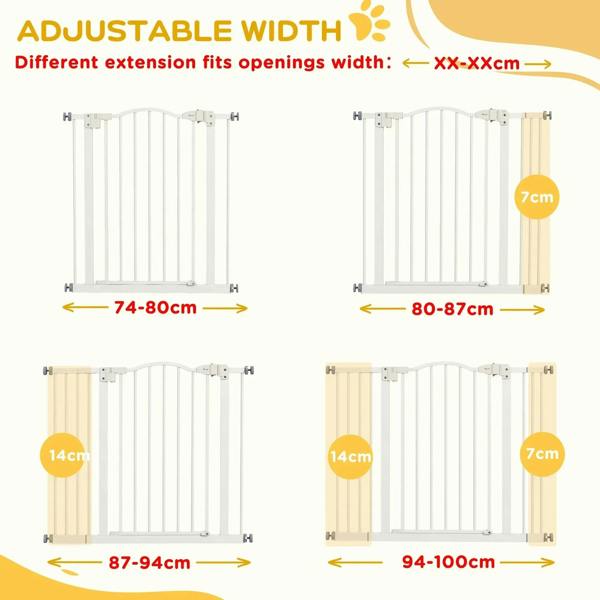 White adjustable-width pet gate with installation width range for openings