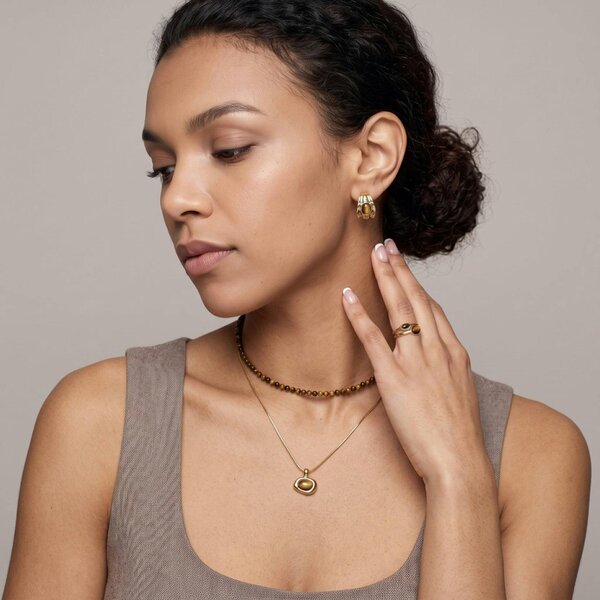Uchi & Soto Nekomeishi Tiger's Eye Beads and Gold chain Pendant