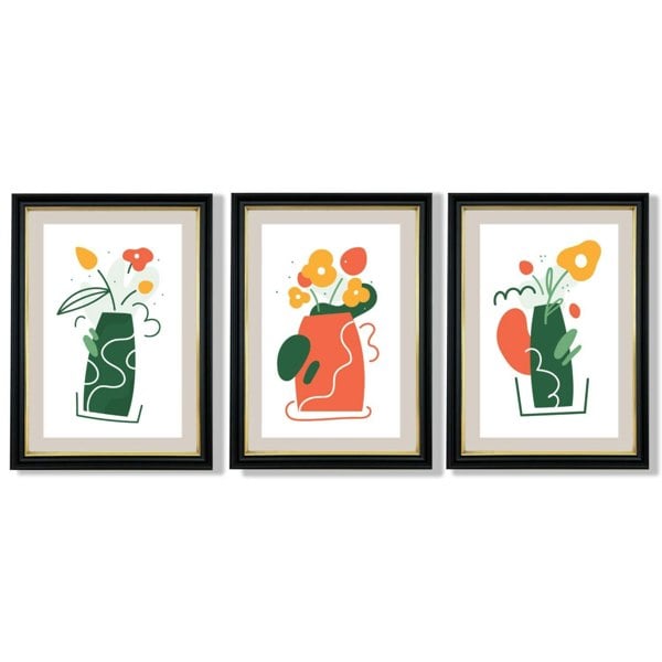 Boho Minimal Floral Green Orange Set of 3 Framed Art Prints with Vermeer Black and Gold Frames