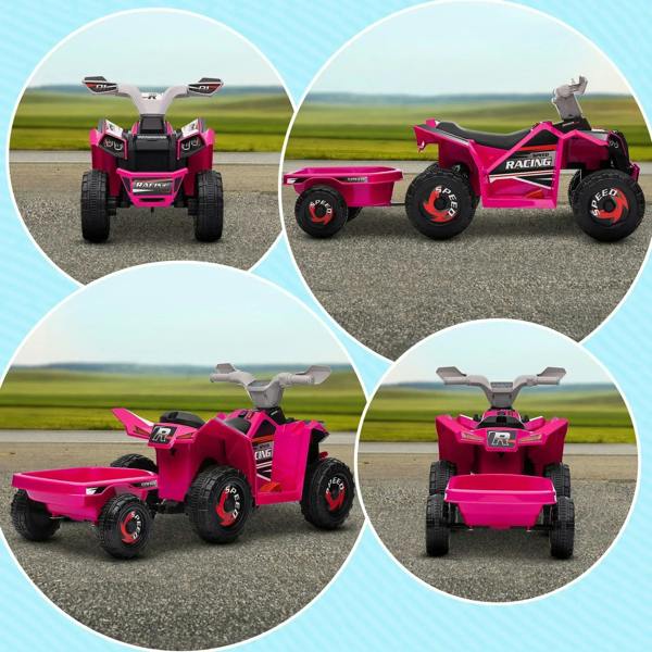 Pink ride-on quad bike with rear trailer shown from multiple angles, four wheels