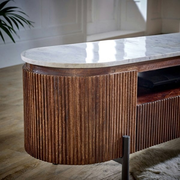 IH Design Miel Mango Wood Large TV Stand With Marble Top & Metal Legs