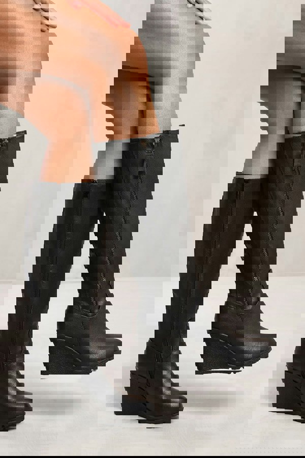 Where's That From Lara Wedge Heel Mid Calf High Boots With Side Zip In Black Faux Leather