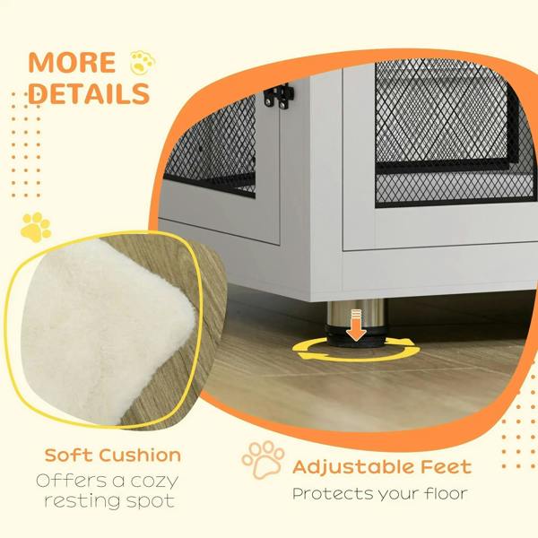 White dog cage with soft top cushion and adjustable feet, close-up detail