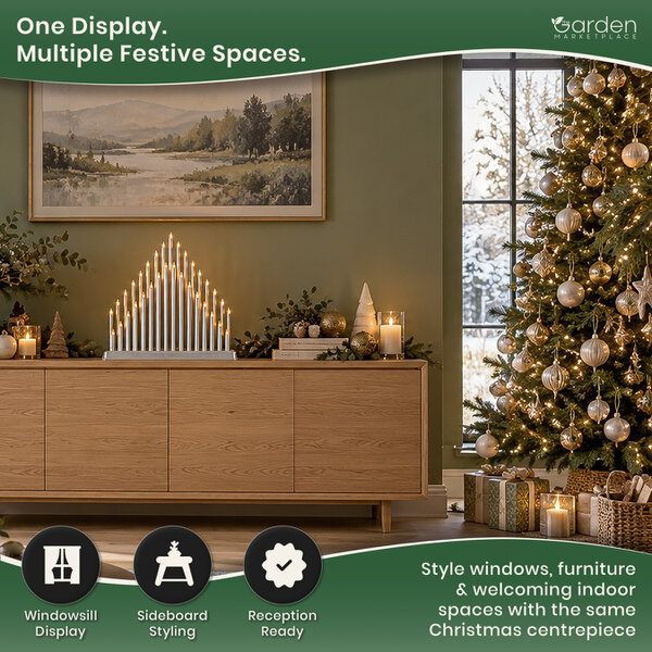 Thirty-Three Light Silver Christmas Candlebridge Tower, Metallic Finish Window Decoration with Cable and Plug, Supplied Complete, No Assembly Required