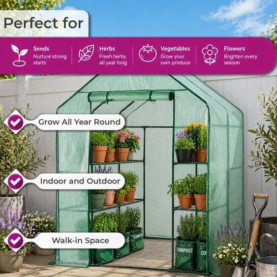 Neo Green 8 Tier Shelving Walk In Outdoor Greenhouse 193 x 143 x 143 cm