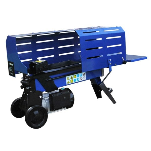 T-Mech 5T Log Splitter in blue, featuring a sturdy metal frame, large wheels for mobility, and a side table for convenience