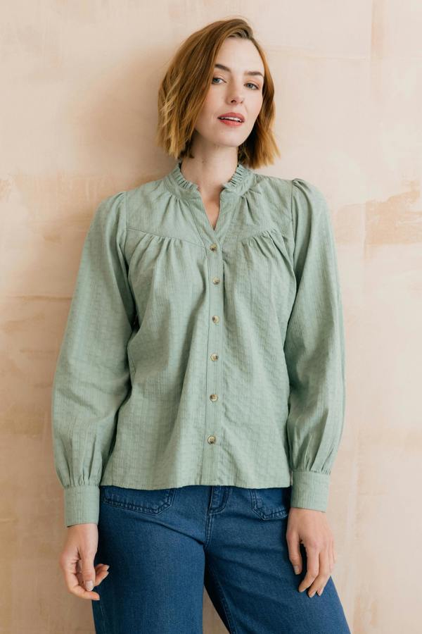 Lily & Me Wayfaring Embroidered Cotton Blouse Silver Sage