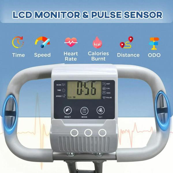 Grey bike console with LCD display and pulse sensor on handlebar