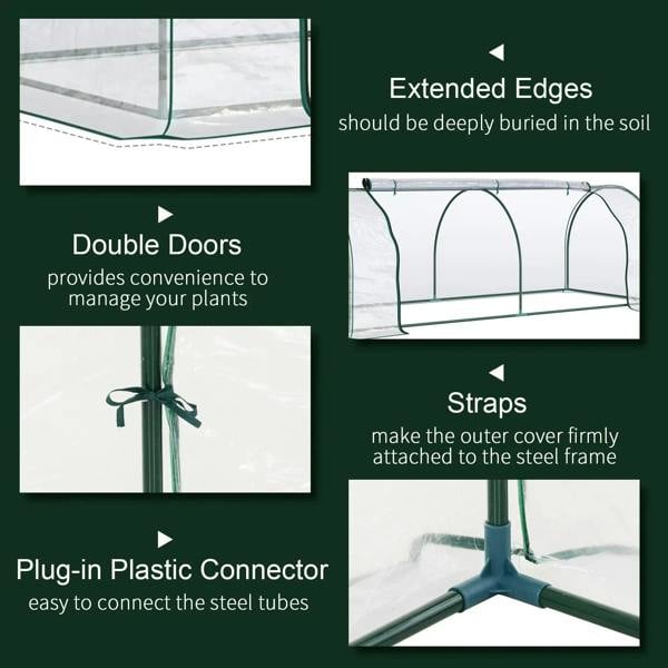 Mini greenhouse polytunnel with double doors, straps, and plug-in steel tube connectors