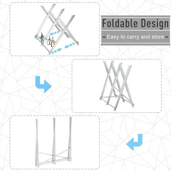 Foldable silver sawhorse stand shown open and collapsed for easy carrying