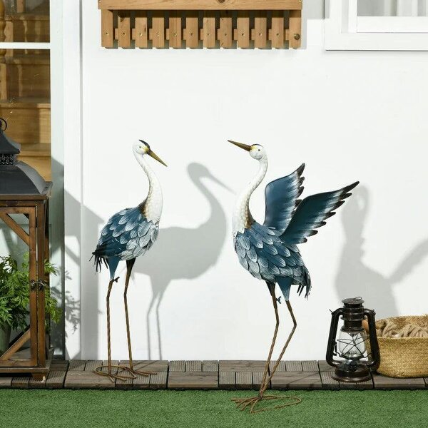 Heron Garden Statues, Standing Garden Ornament, Metal Garden Gift with Stakes, Blue & White - Blue, White