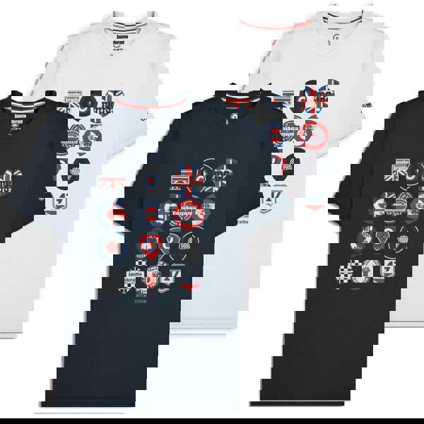 Lambretta Mens Multi Badges Mod Ska Casual T-Shirts, two t-shirts with mod and ska badge designs in navy blue and white colors.