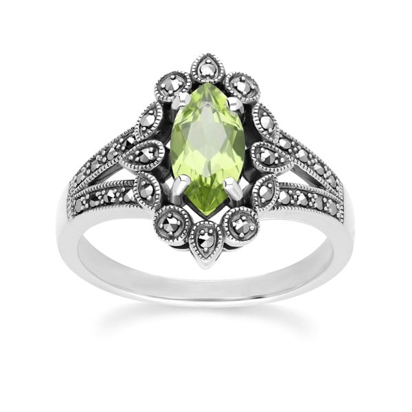 Gemondo Art Deco Style Marquise Peridot & Marcasite Ring in Sterling Silver