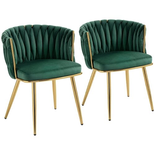 Wyld Haus Sosura Set Of 2 Dark Green Velvet Upholstered Dining Chairs With Woven Backrest