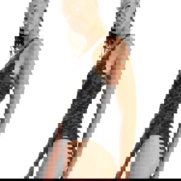 Speedo Hyperboom Allover Medalist black gray geometric racerback swimsuit