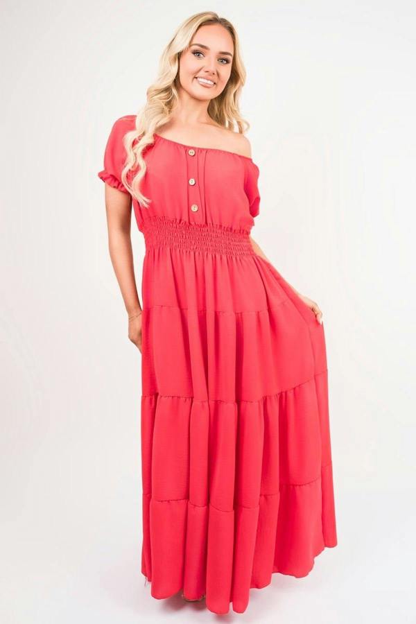 Emmy Smocked Waist Tiered Midi Dress - Red