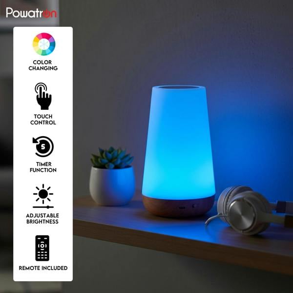 Powatron LED Night Light - RGB 13 Color Changing LED Touch Bedside Table Lamp With Timer Function - Rechargeable Remote Control