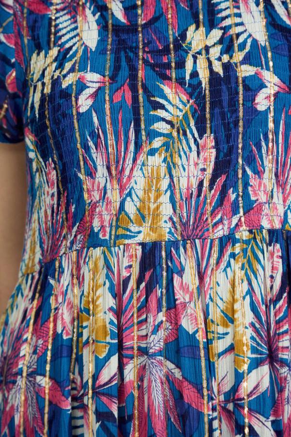 Mudflower Leaf Print Shirred Bodice Midi Dress
