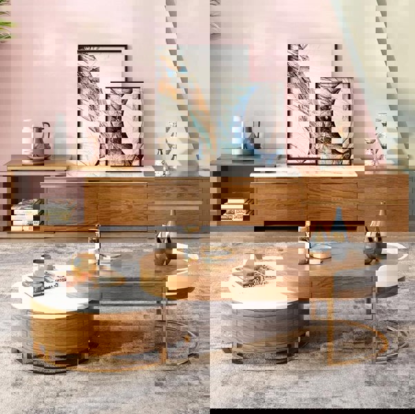 Ouezzane Nesting Coffee Table Set, With TV Stand, Oak-Weilai Concept-Weilai Concept