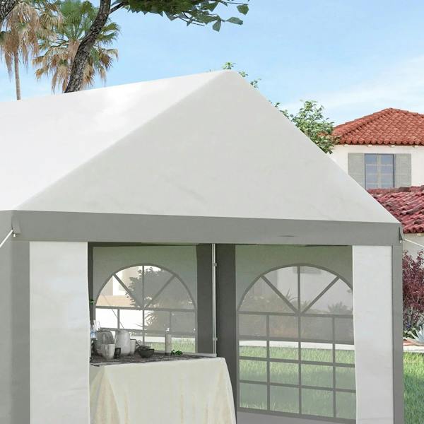 Light grey gazebo with clear arched windows and open entry, white roof overhang