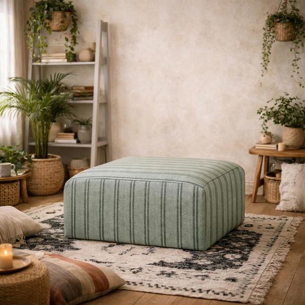 Wyld Haus Malmo Grey Stripe Upholstered Square Pouffe