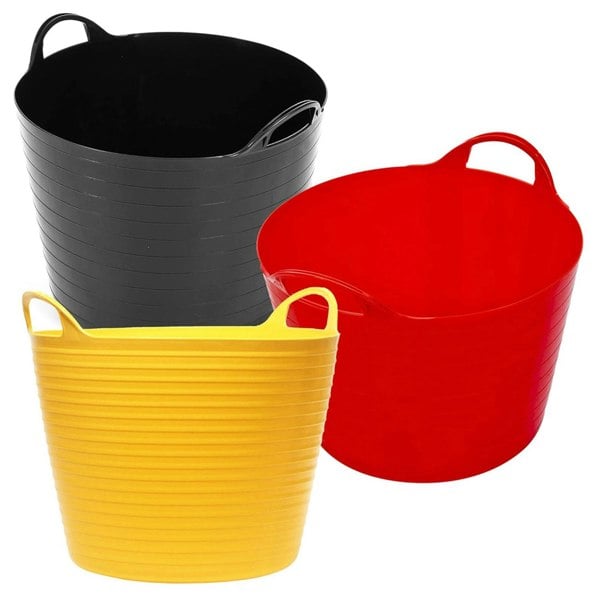 Set of 3 (1 X Black, 1 X Red & 1 X Yellow) Flexi Plastic Storage Buckets For Home, Garden & DIY