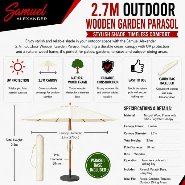 Samuel Alexander 2.7m Outdoor Wooden Garden Parasol Sun Shade with Carry Bag in Cream with 9kg Base Included