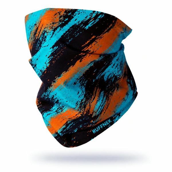 Festival Neck Gaiter Snood by RUFFNEK features a burst of turquoise, orange and black suited for both men and women. shown as a floating 3d face cover.