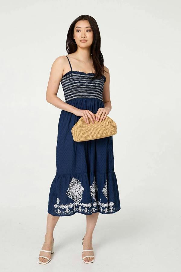 Blue | Embroidered Border Cami Strap Midi Dress
