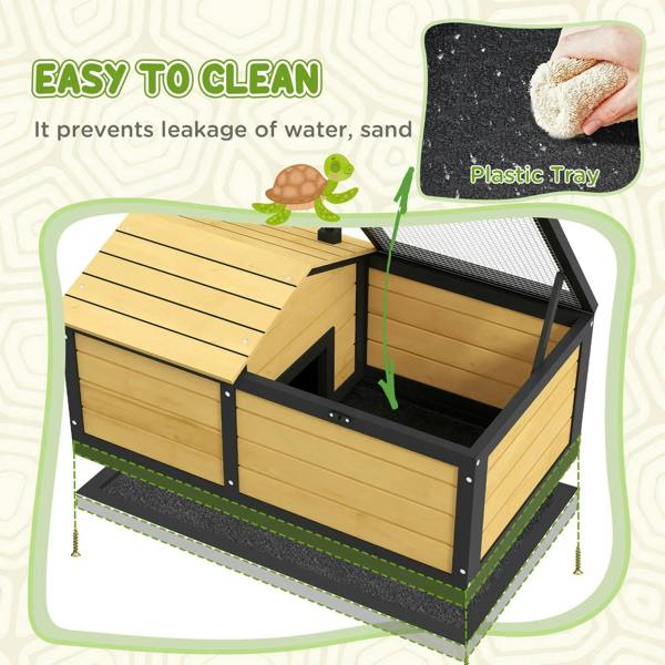 Yellow wooden reptile shelter with raised black base and plastic tray for easy cleaning