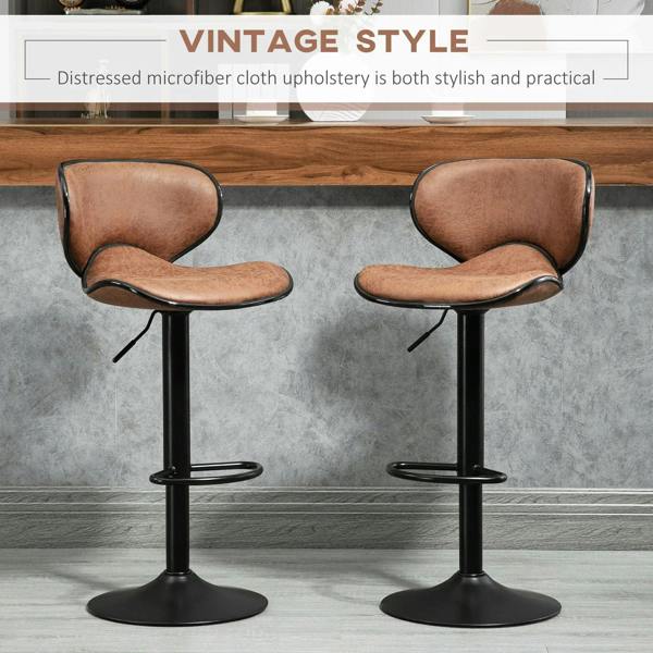 Set of 2 brown armless bar stools with curved seats and black pedestal base