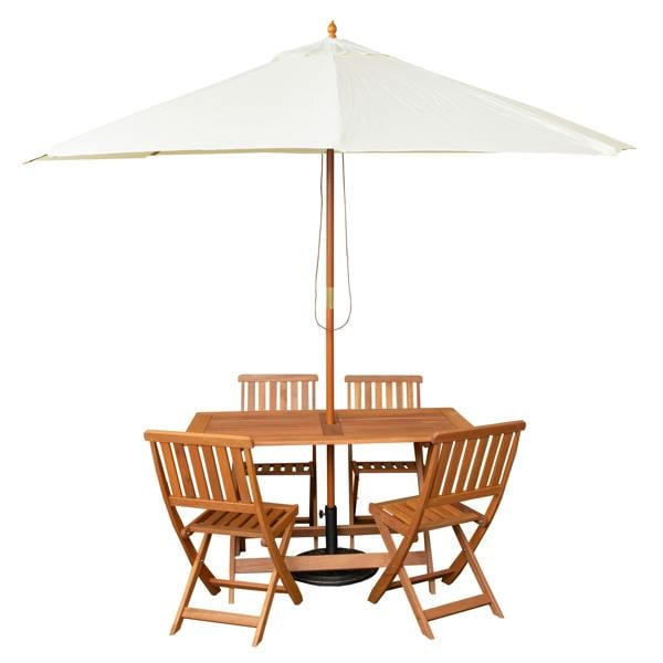 Samuel Alexander Outdoor 4 Person Folding Rectangular Wooden Garden Dining Table Chairs Cream Parasol and Base Set
