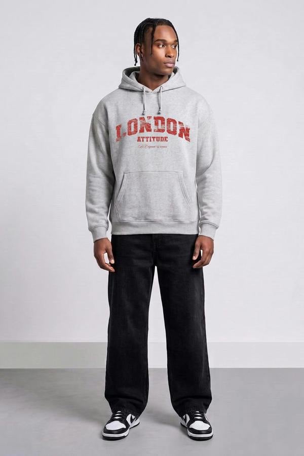 Relaxed Fit Collegiate Graphic Hoodie in Red - Heather grey