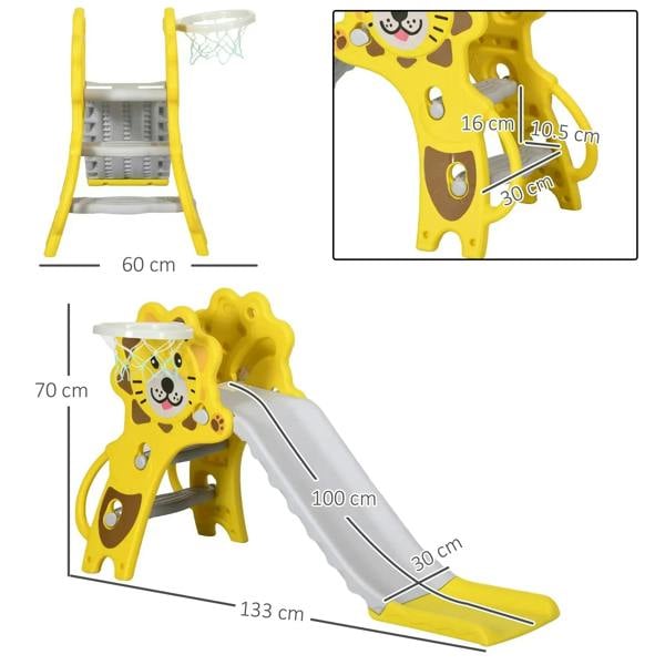 Yellow lion kids slide with basketball hoop, angled view with size markers