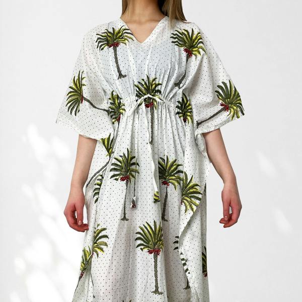 Hayley & Co Palm Tree Print Long 100% Cotton Kaftan