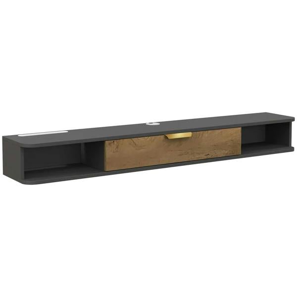 Charcoal grey floating TV stand with open side shelves and central wood-look drawer